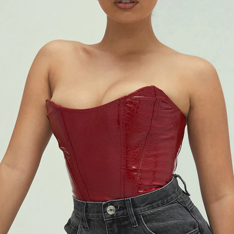 

B53979A Women sexy leather tops fashion strapless pure color crop top, Black/red