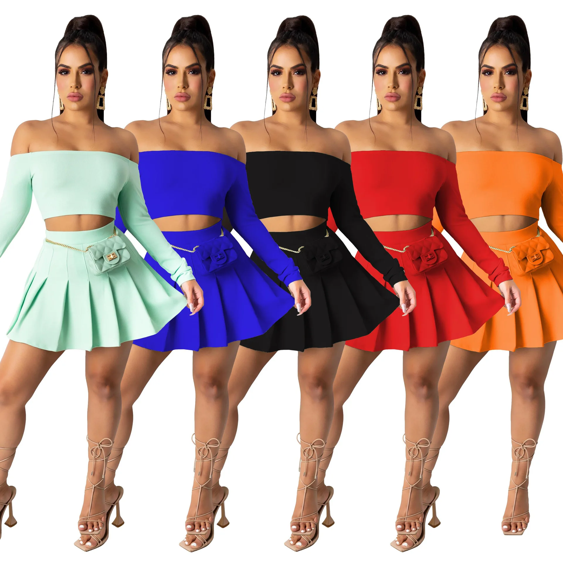 

Summer New Women'S Fashion Sexy Solid Color Strapless Pleated Skirt Suit, 5 colors