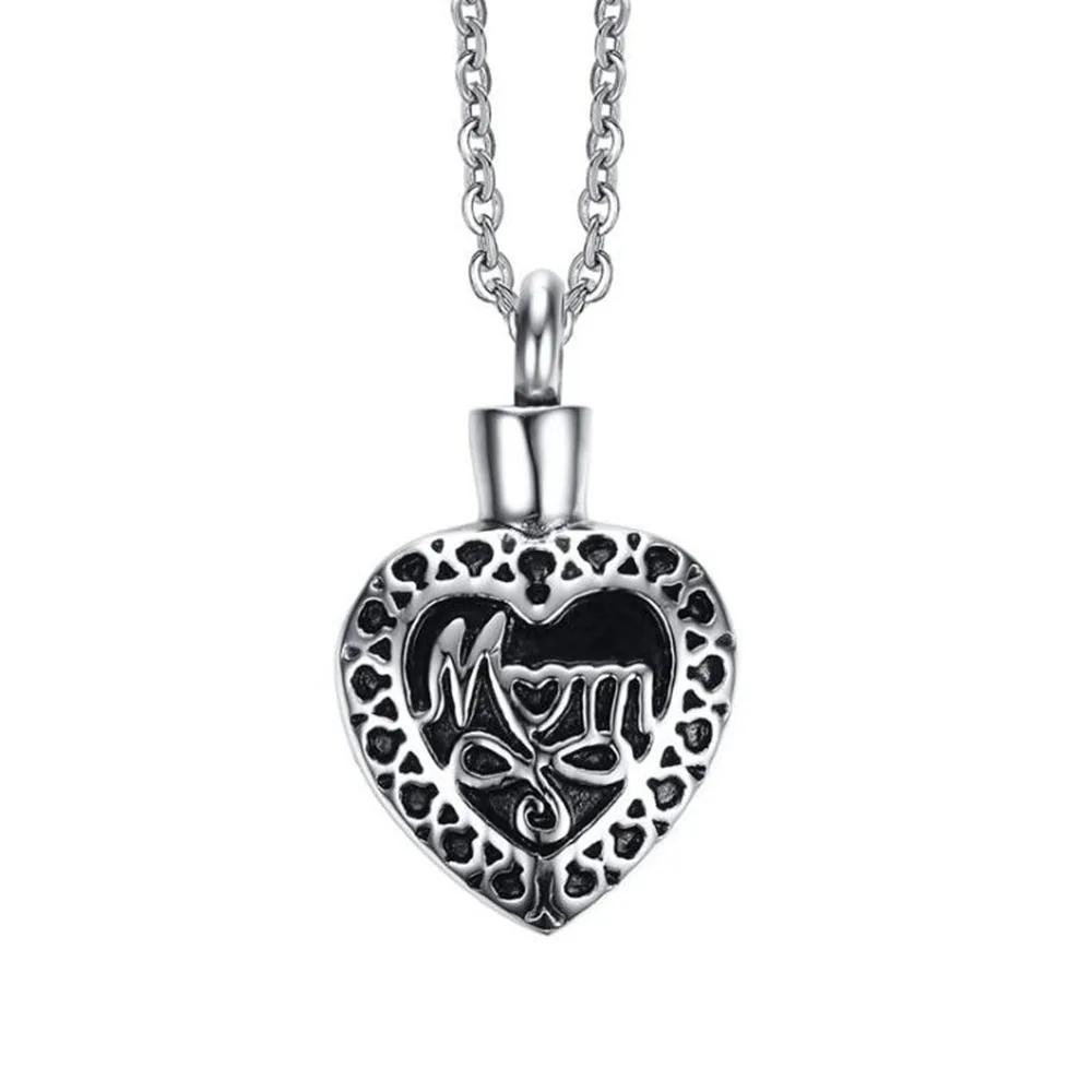 

NLJSF00151 Gothic Womens Stainless Steel Heart Shape Hollowed Mom Urn Necklaces for Ashes
