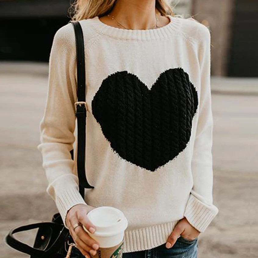 

2021 Women Autumn Winter Sweater Heart Pattern Printed Long Sleeve O-Neck Lovely Knitted Loose Pullover Sweater Women Top