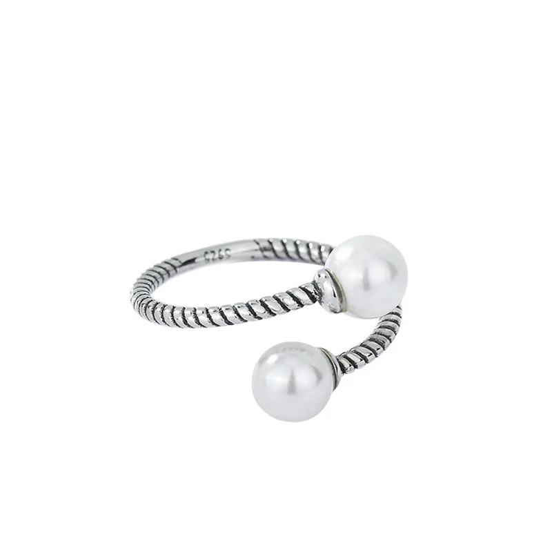 

925 Sterling Silver Adjustable Green Pearl Fashion Jewelry Double Pearl Rings Women