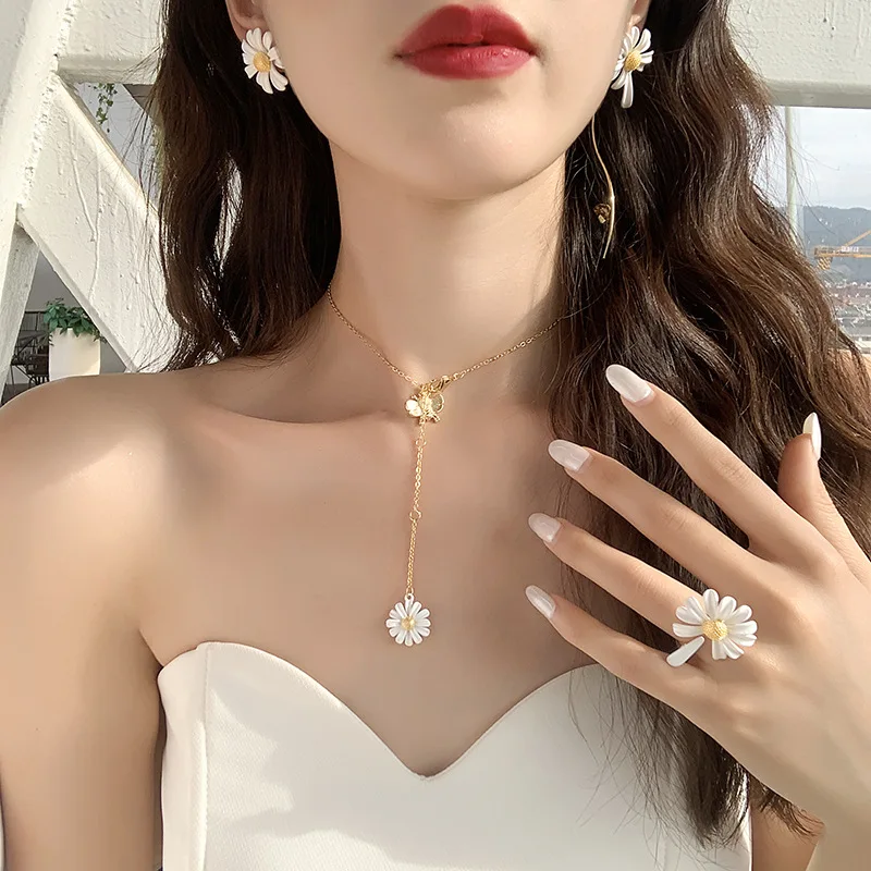 

fashion daisy jewelry sets daisy flower necklace rings bracelet earrings aretes set pendiente joyas bijoux set, Blue /platinum plated