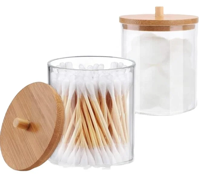 

2 Pack Acrylic Qtip Holder Dispenser Bathroom Jars with Bamboo Lids, Clear color