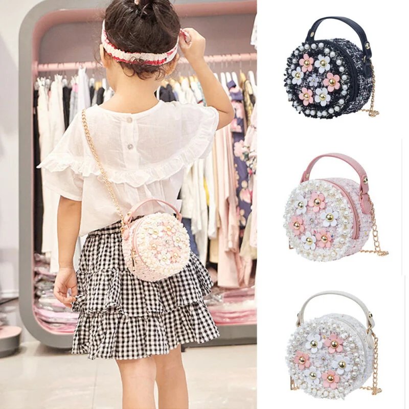 

2021 Children bag winter new pearl small round messenger bag princess children wear girl handbag