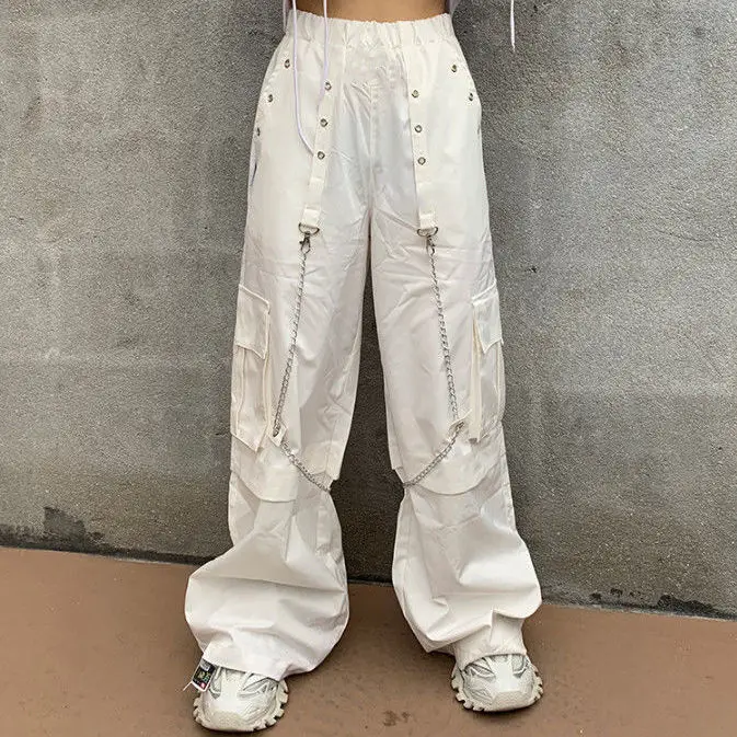 

Harajuku Goth White Cargo Pants Women Mall Goth Hippie Moda Punk Loose Pants Chain Baggy Oversize Korean Style Trousers