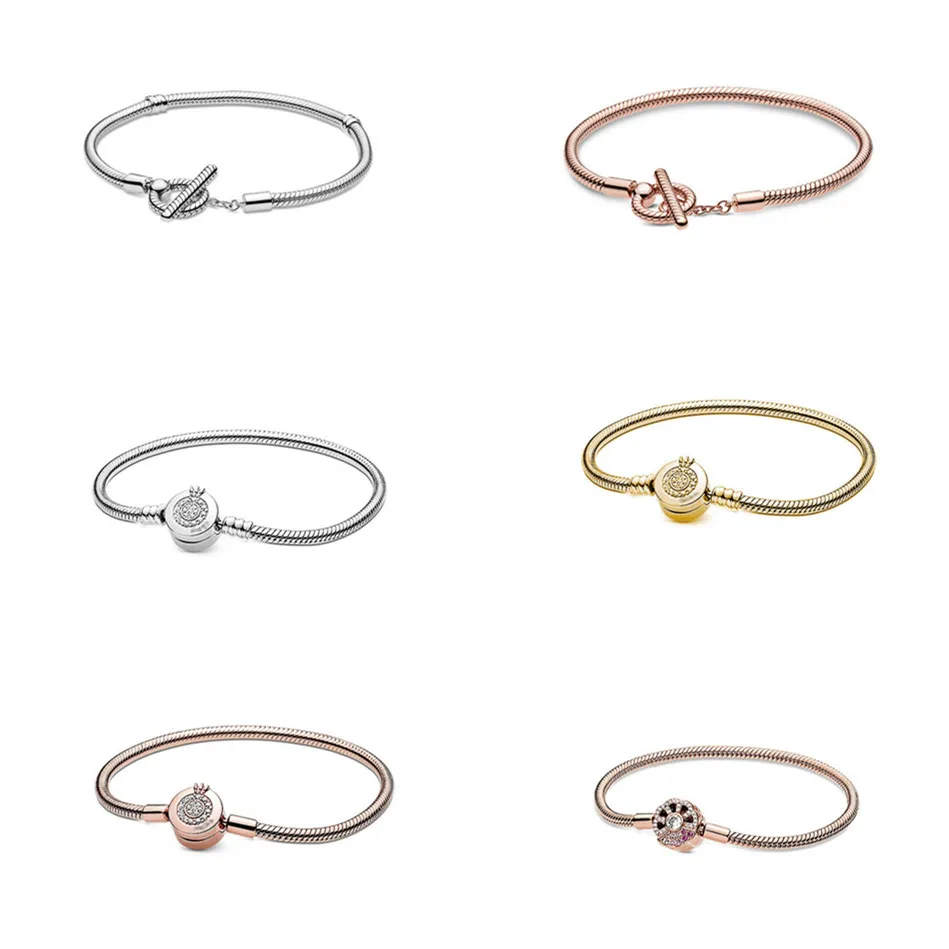 

925 Sterling Silver Women Bracelets Crown Gold Plated Bracelet Pink Fan Snake Stone Chain Charm Bracelets Jewelry, Silver, rose gold