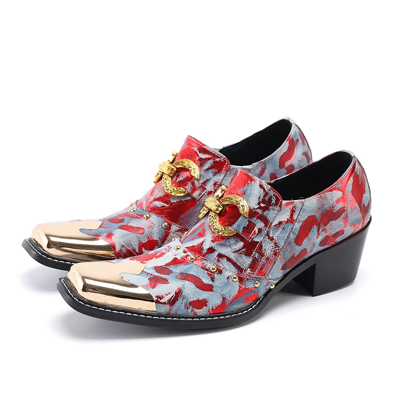 

NA464 Vintage Metal Square Toe Men Real Leather Big Size High Heel Party Wedding Formal Shoe Male Business Slip On Shoes