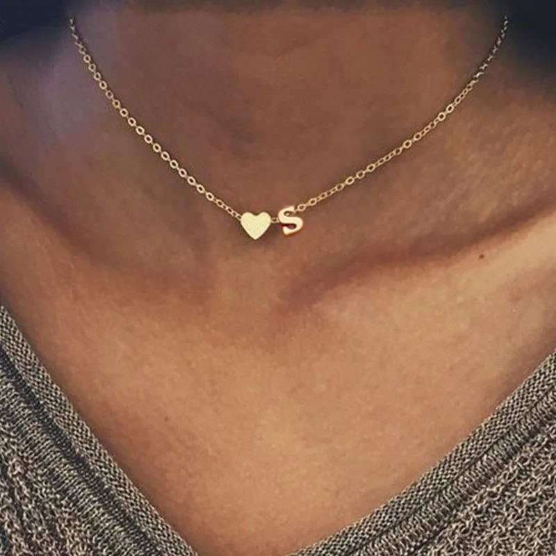 

Name Tiny Heart Pendant Jewelry Letter Choker Chain Necklace Women Gold Color Dainty Initial Necklace