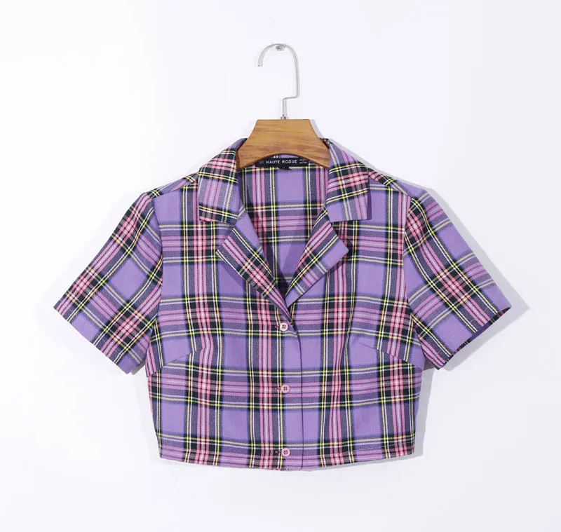 

cs361 Not Ins Hot Sale Sweet Purple Plaid Print Crop Tops Summer Ladies Casual Blouse Short Shirts Clothing
