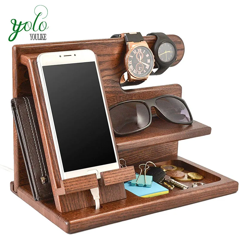 

Bamboo Wood Phone Docking Station Key Holder Wallet Stand Watch Organizer, Natural