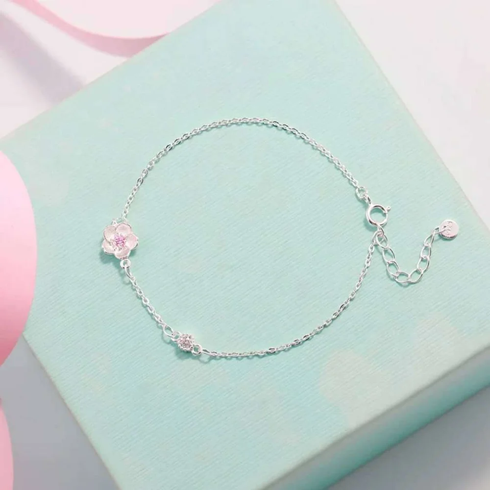 

S925 Silver Color Literary Cherry Women's 925 Bracelet Pink Hand Jewelry pulsera fenenina Bizuteria Bracelets Gemstone