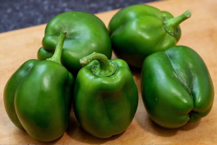 Close-up photograph of fresh poblano peppers showing their dark green color, heart-shaped form, and glossy skin on a wooden cutting board