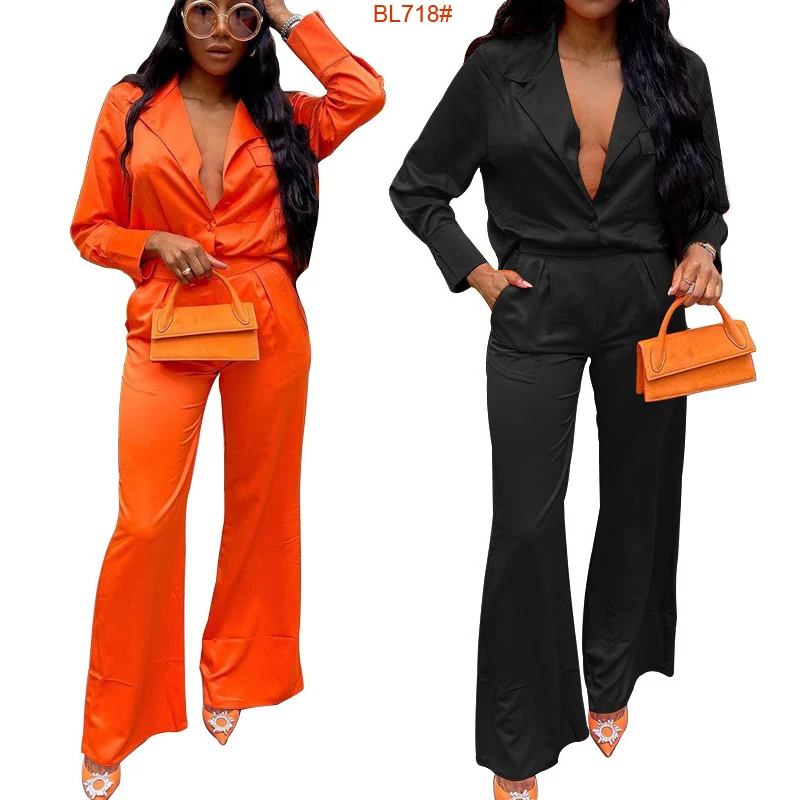 

European and American women's loose solid color long-sleeved shirt casual wide leg trouser suit