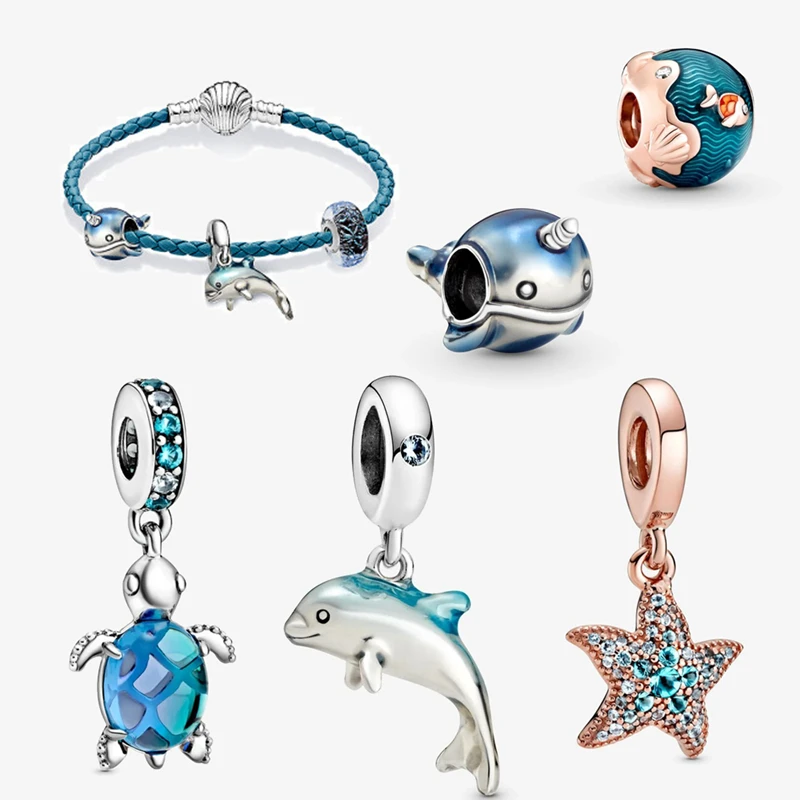 

fashion jewelry 2020 ocean tortoise dolphin whale women charm diy designer leather cord making bracelets charms silver 925