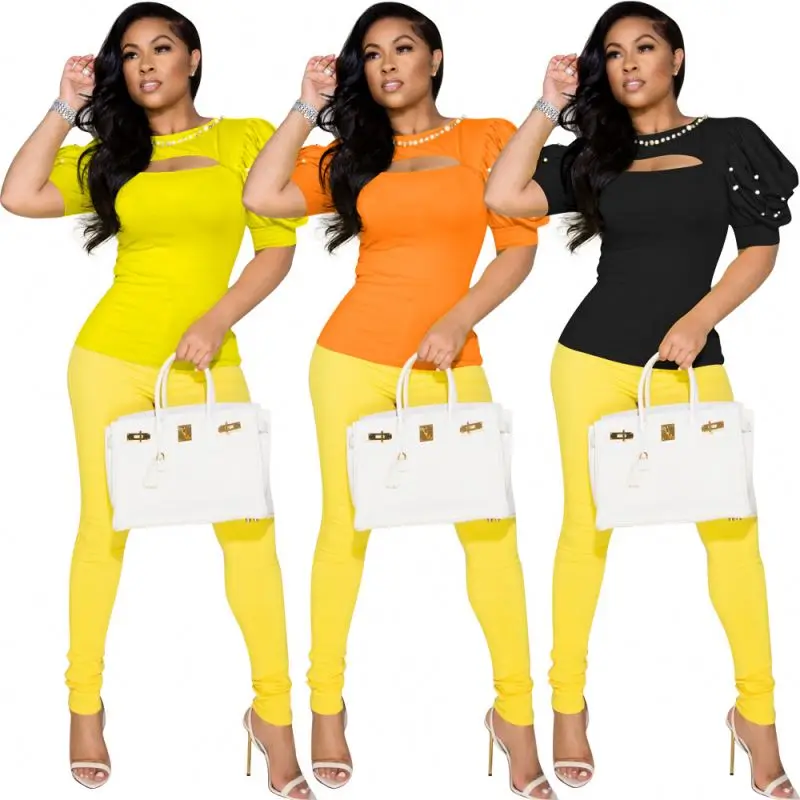 

Fashion hot sale 2021 Summer New Arrivals Designer T Shirt Women Pearl Puff Sleeve Hollow Out Top Short Sleeve Ladies T Shirt