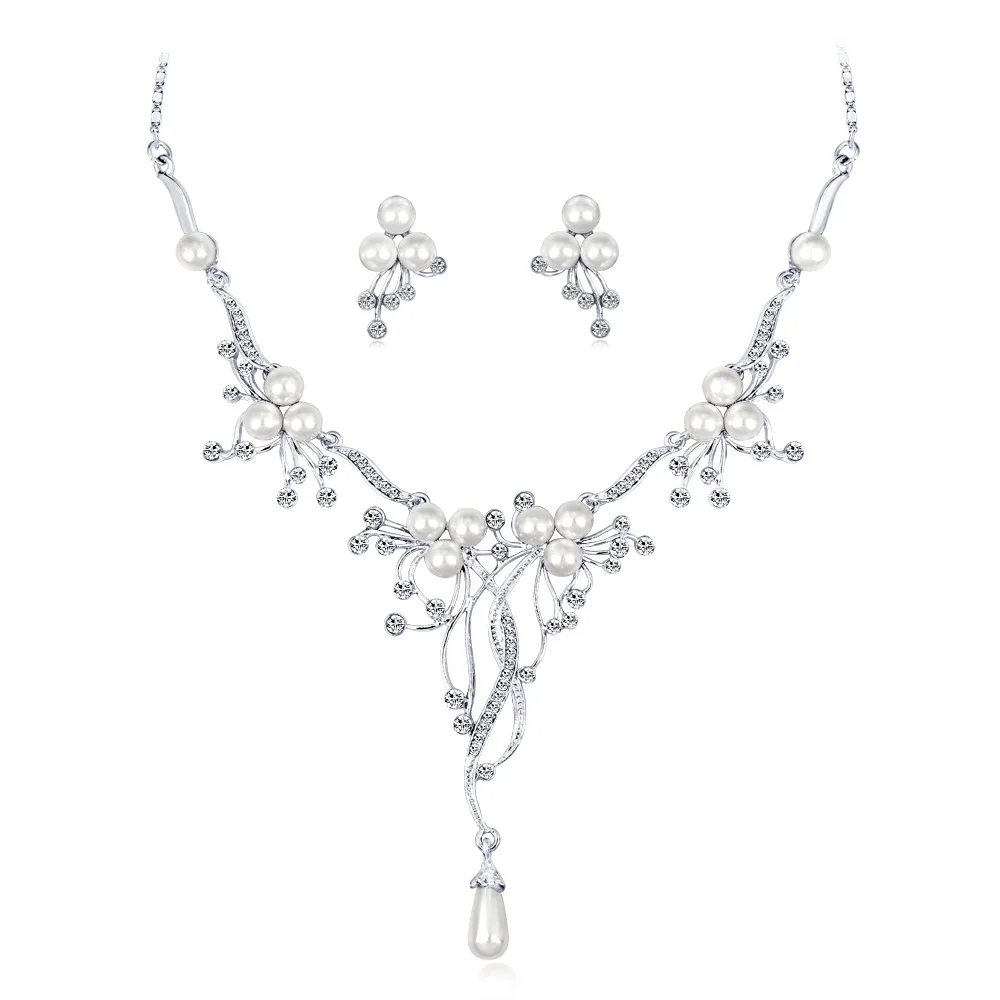 

Imitation Pearls Bridal Jewelry Sets for Women Silver Color Rhinestone Necklace Earring Wedding