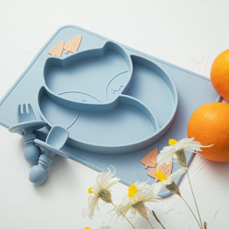 

Wholesale Baby Feeding Fox Silicone Dinner Plate Children'S Suction Cup Fork Spoon Feeding Set, 5 colors