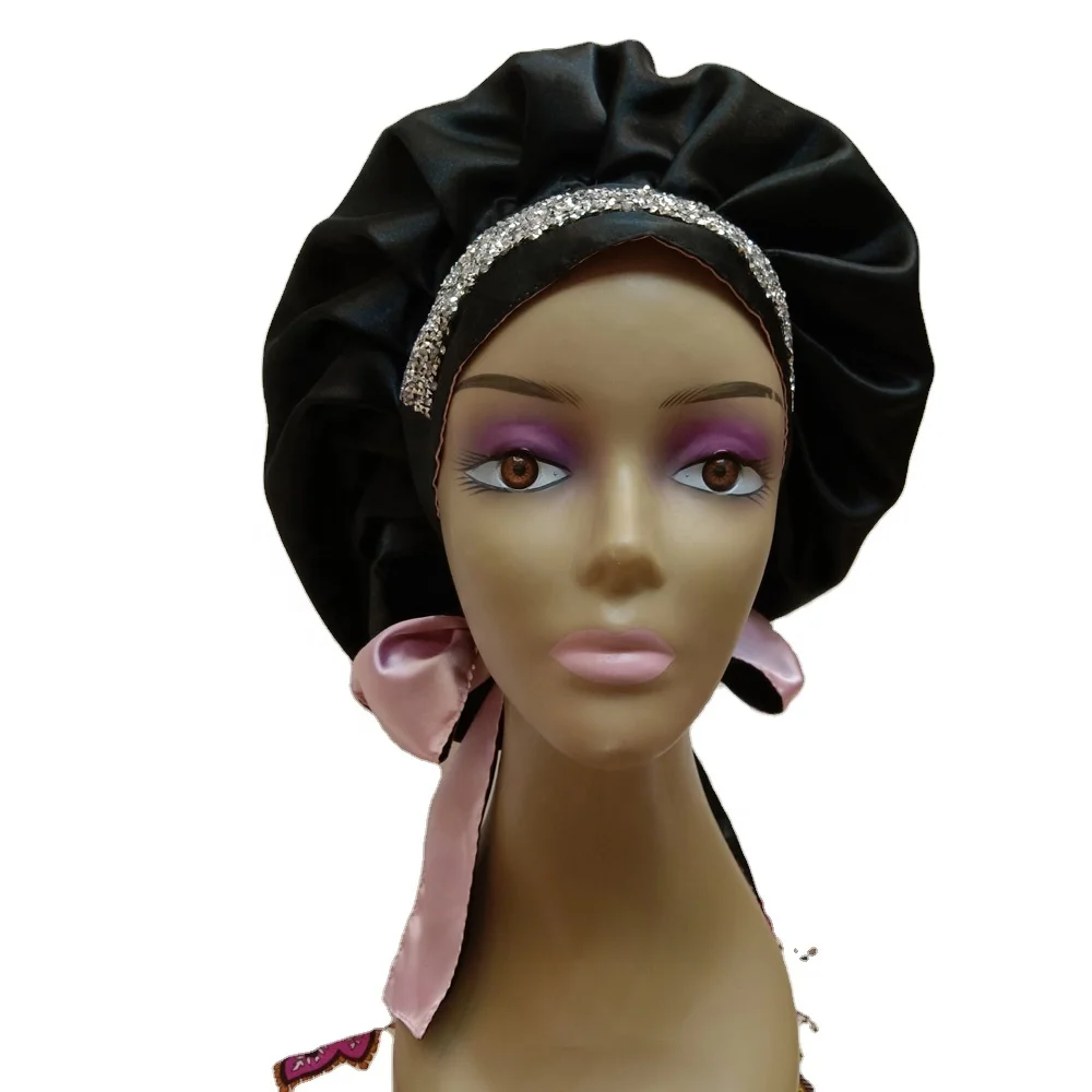 

Wide Band Long Tie Rhinestone Headwrap with Double Layers Soft Silk Satin Braids Hair Knotless Bling Bonnets
