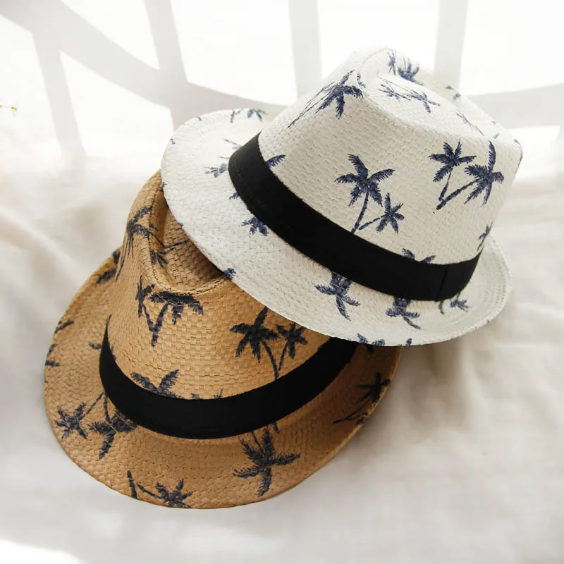 
Hot sales outdoor travelling coconut Leaf Print panama straw hat tree beach Fedora jazz straw Hat 