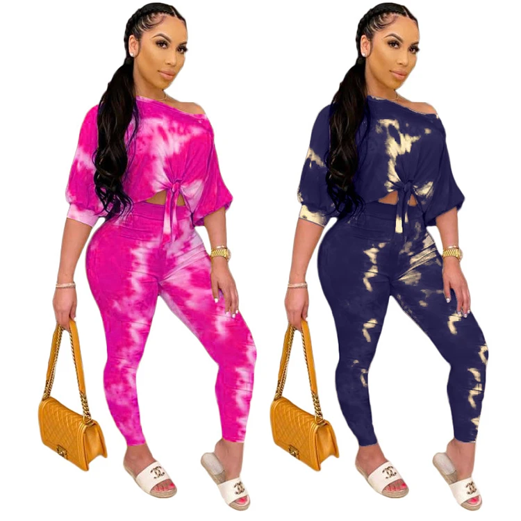 New Arrival Knot Tie Dye Off Shoulder Clothing Manufacturer 2 piece Jogger Two Piece Set Women Clothing  Sets