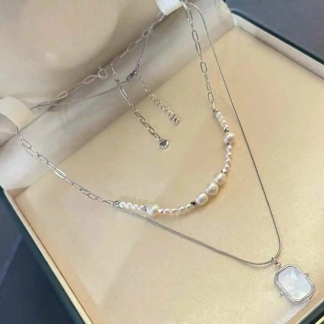 Double-Layer Baroque Starry Sky Mixed Shell Pendant Necklace 3-7mm Natural White Freshwater Pearls Great Value Product