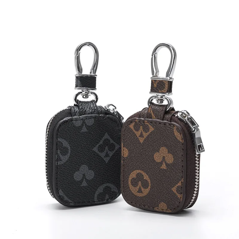 

Hot Selling factory supplier car key bag men PU leather keys holder gift Keychain luxury checkered printing business zipper key, Black/brown
