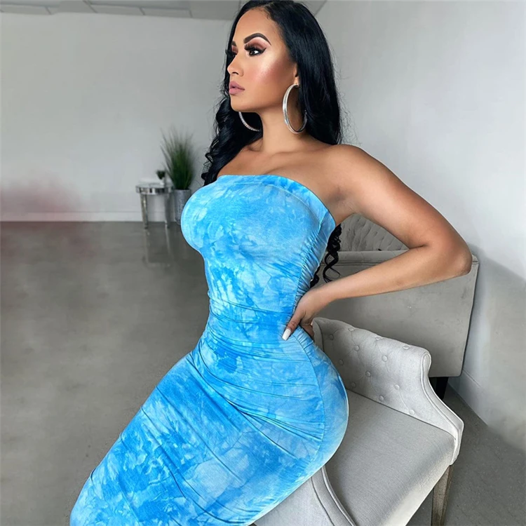 

J9380-summer 2021 fashion tie dye sleeveless one piece bodycon midi tube dress for women