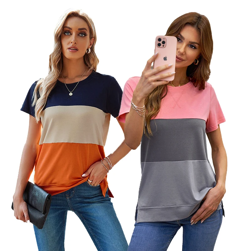 

Wholesale Womens Tops Summer Color Block Tshirt Oversize Side Split T-shirts & Blouse