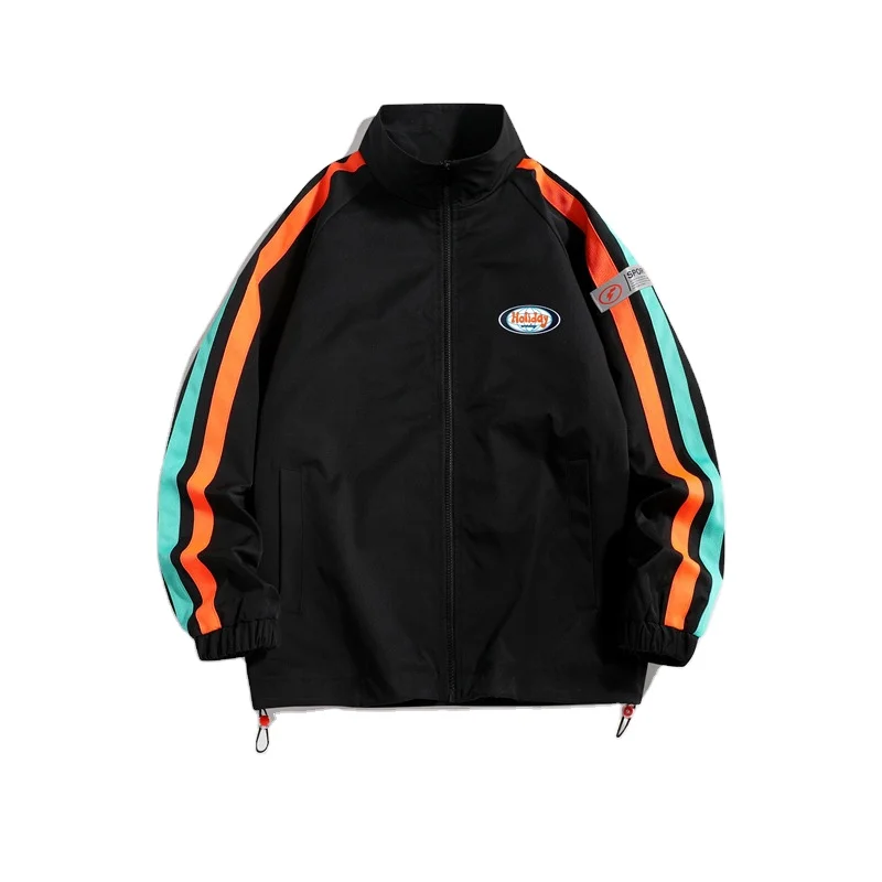 

Loose young couple jacket men's black side seam pocket zipper casual jacket coats