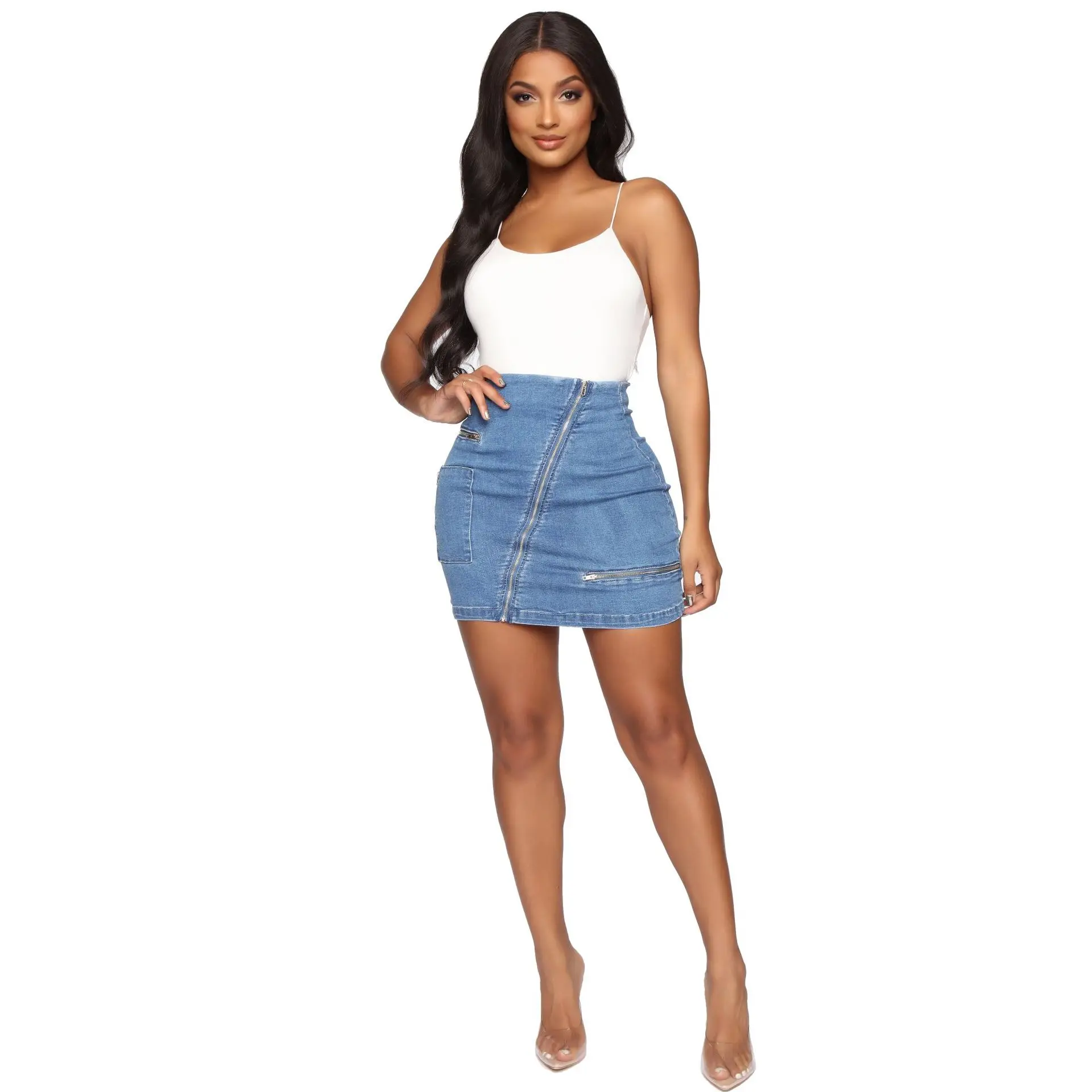 

Sexy Versatile Zipper High Elastic Retro Hip Wrap High Waist Denim Skirt, Shown
