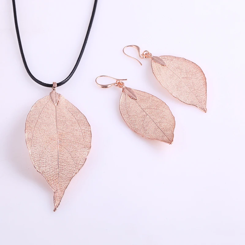 

Fashion Natural Real Leaf Copper jewelry set Gold Silver Rose Gold Black leaf earrings and necklace sets for Women, Picture