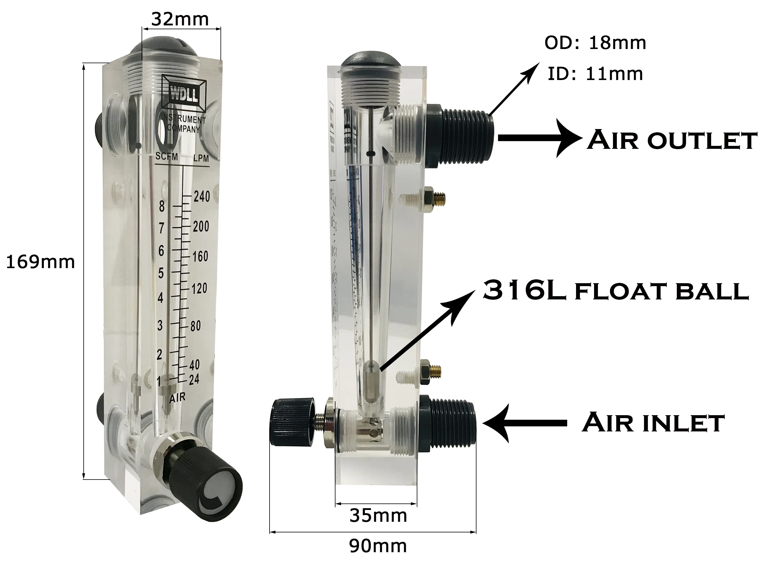 240 Lpm Panel Air Flow Meter Gas Flowmeter With Adjustable Valve Air