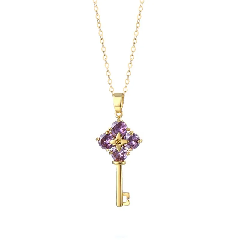 

2021 Free Shipping 18K Gold Plated Jewelry Amethyst Lucky Four-leaf Flower Key Necklace Female, Purple