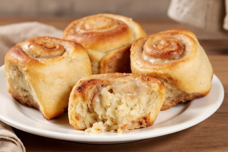 Finished cinnamon rolls with heavy cream and brown sugar showing gooey center and golden crust