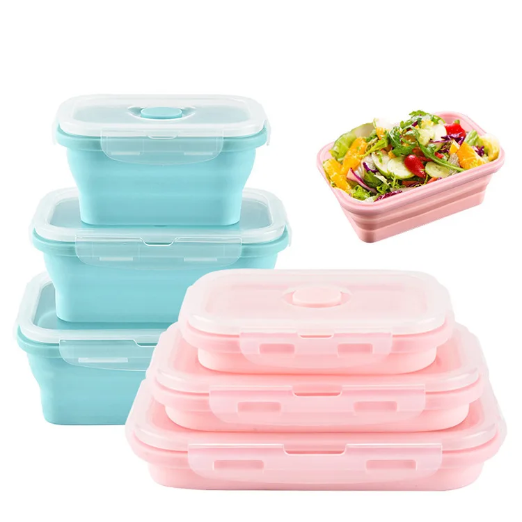 

350ml 500ml 800ml Microwavable Reusable Food Storage Containers Folding Kids Collapsible Silicone Lunch Boxes 3 pieces in 1set