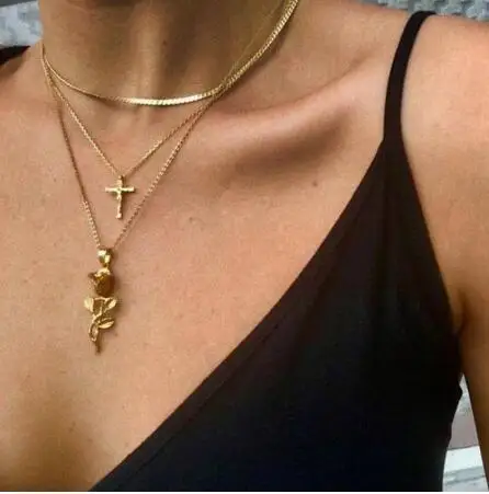 

New Bohemian Multilayer Rose Cross Pendant Necklace for Women Vintage Gold Color Party Charms Choker Necklace Collar Jewelry, Silver