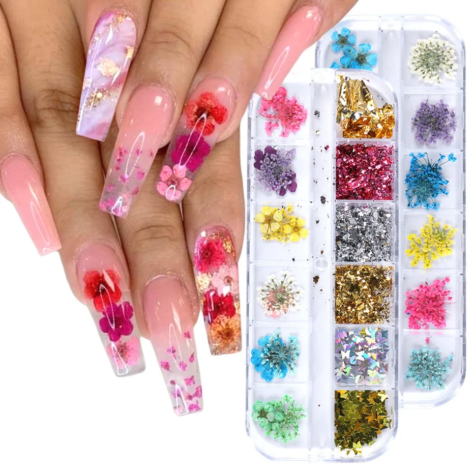 

Nail Decorations Jewelry Natural Floral Leaf Stickers 3D Nail Art Designs Polish Manicure Accessories Mix Dried Flowers, Colorful