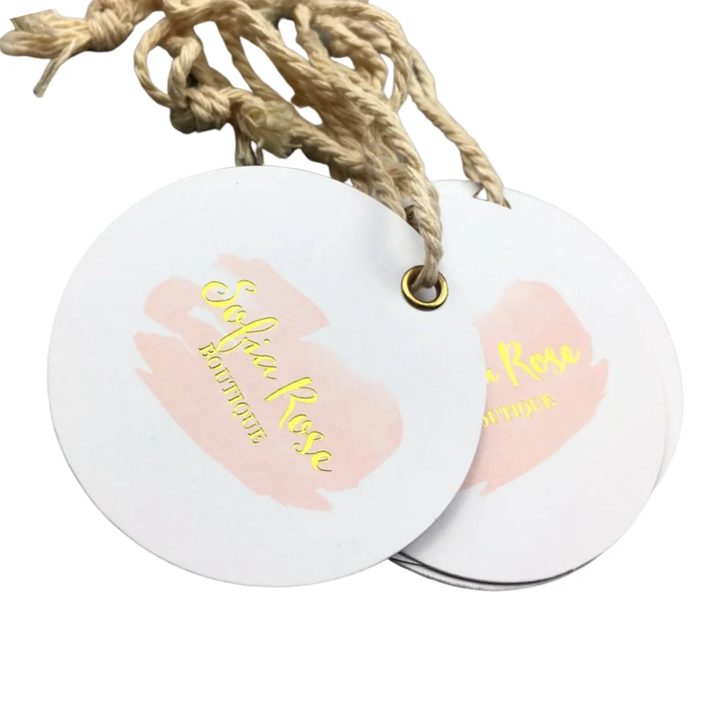 

Customized recycled garment printed gold foil round hang tags with string white cardboard circle paper hang swing tag