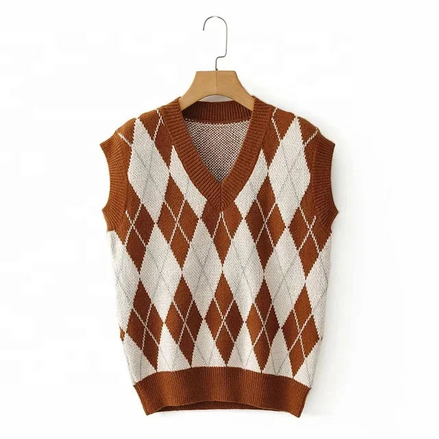 

Fashion Plaid Knitted Oversized Sweater Vest Women England Preppy Style Clothes V Neck Casual Female 90s Jumpers Knitwear