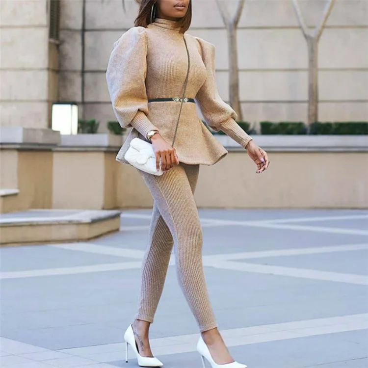 

Women Khaki 2 Pieces Set Long Lantern Sleeve Tops Pullover Waist Belt Slim Pants Elastic High Collar Body Suit Set Fashion Suits, Different colors and support to customized