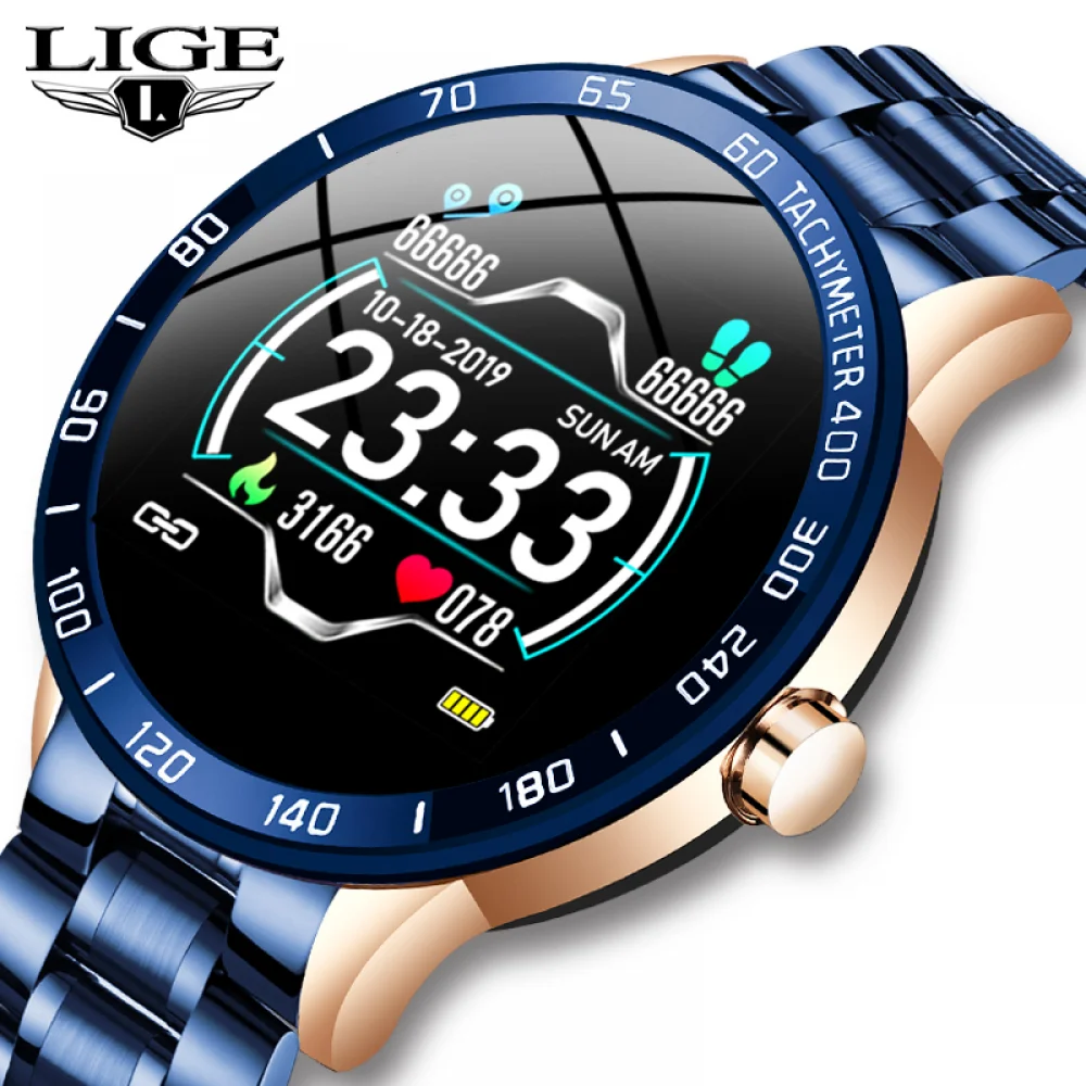 

LIGE Steel Band Heart Rate Blood Pressure Monitor Sport Fitness Tracker Waterproof Reloj Smart Watch Men