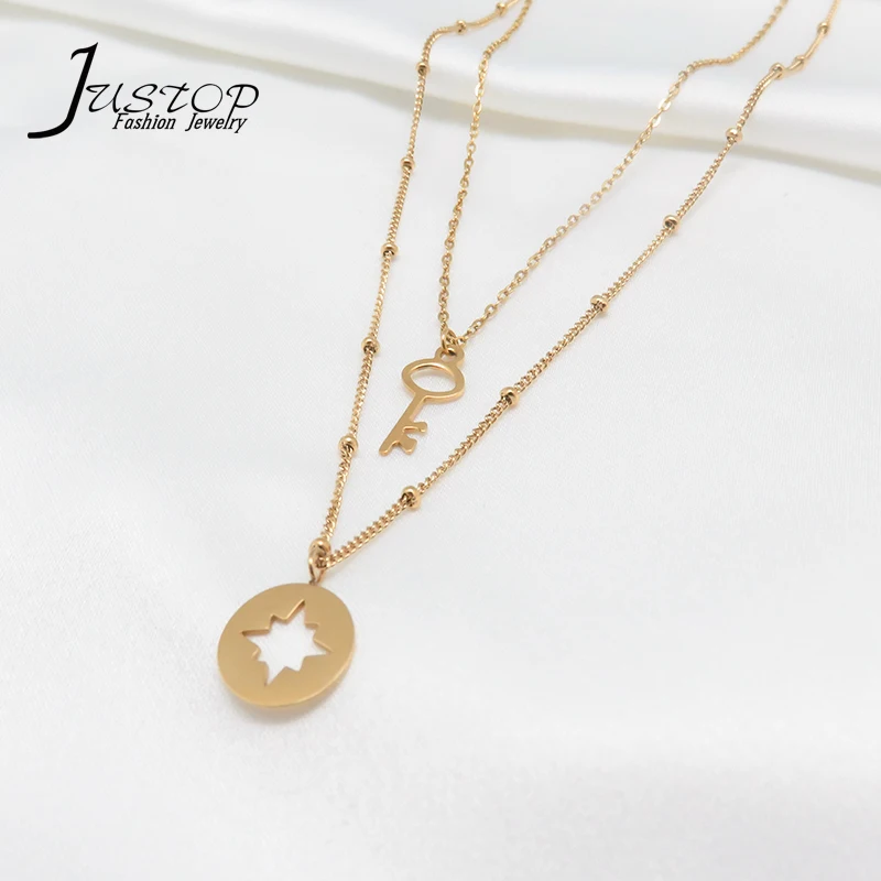 

Layer Gold Plated Key Pendant Star Necklaces Beads Chain Minimalist Necklace