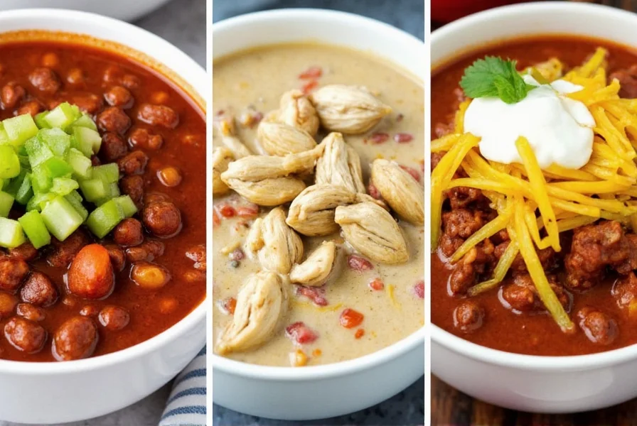 Three different chili bowls side by side showing classic beef chili, white chicken chili, and vegetarian chili with appropriate toppings