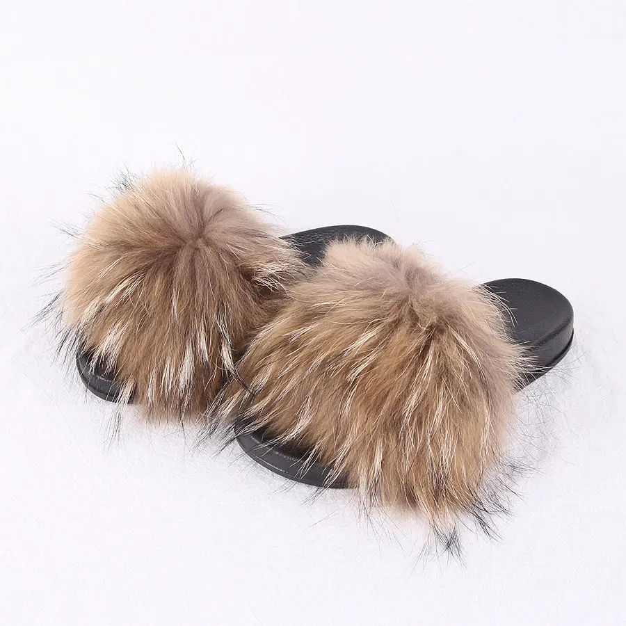 

QIUCHEN QC1802 PVC Wholesale Fashion Women Fluffy Real Fox Fur Sandals Custom Color Logo Raccoon Fur Slippers, Over 50 colors