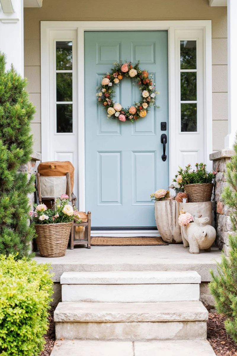 String lights and lanterns on a spring porch