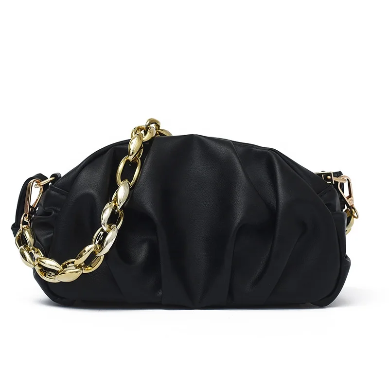 

2021 Fashion Solid PU Leather Pleated Handbag Cross Shoulder Cloud Bags Purse Women Dumpling Thick Chain Sling Bag