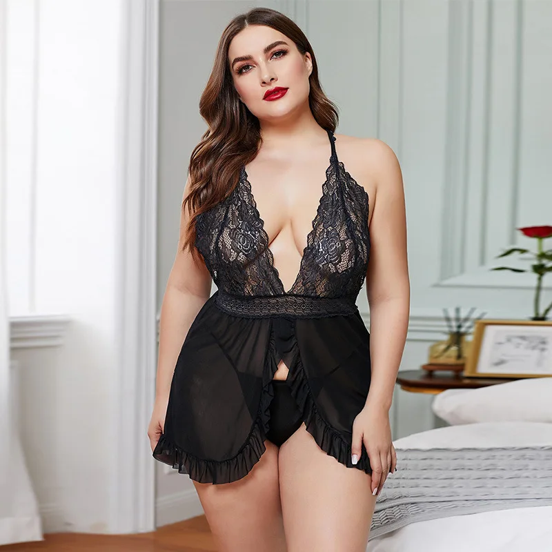 

plus size women's panties thong sexy underwear transparent ladies black lace lingerie set, Picture shows