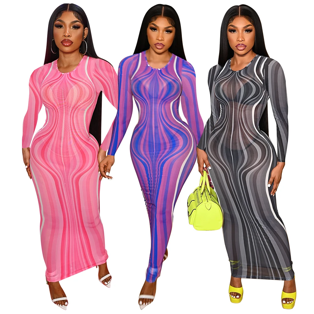 

SHIZAI Wholesale New Fall Women Clothes 2021 Club Sexy Dress Women Clothing Corrugated Maxi See Through Dress Robe