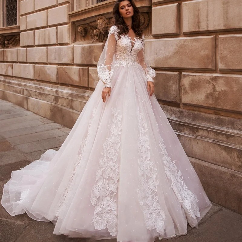 

2020 New Design Lace Bridal Long Sleeve Luxury Ball Gown Wedding Dress, Ivory