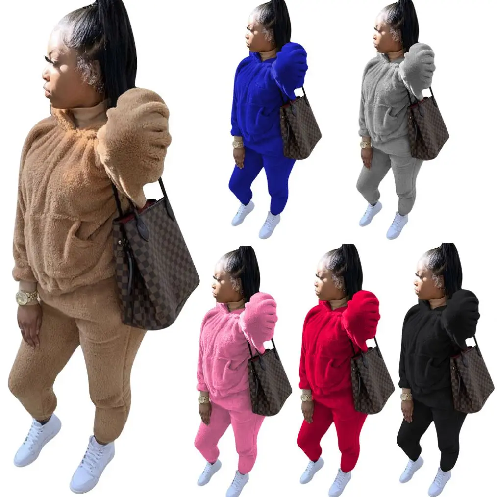 

2020 Winter Clothes Two Piece Outfits Ladies Plush Long Sleeve Hoodies Womens Winter 2 Piece Set For Women
